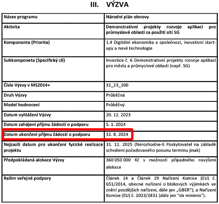 Změna: Posunut termín ukončení příjmu žádostí o 2 měsíce na 31. 8. 2024.